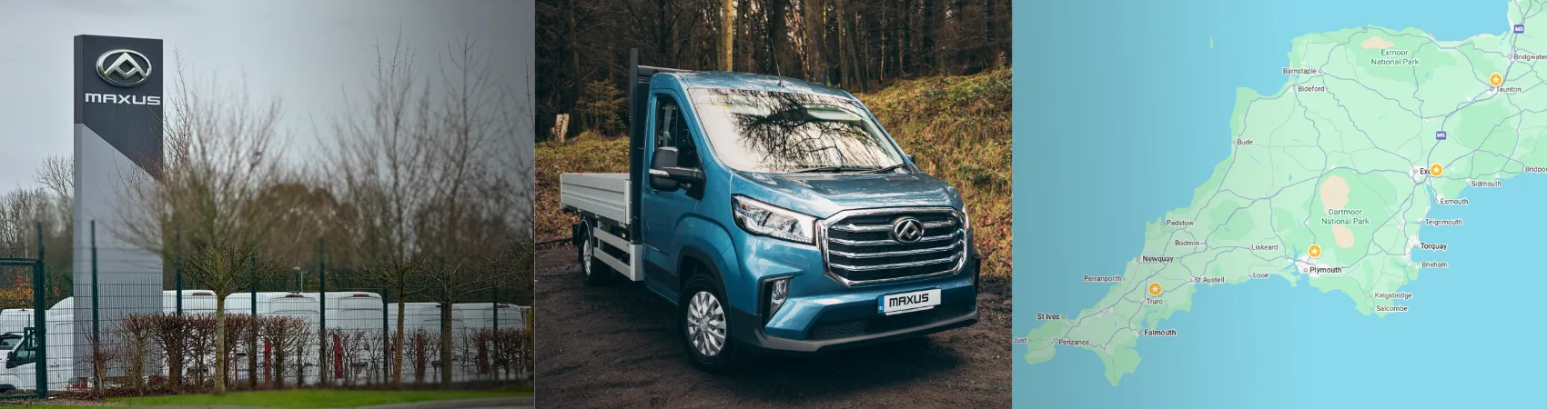 a MAXUS totem, a MAXUS van and a map of the South West