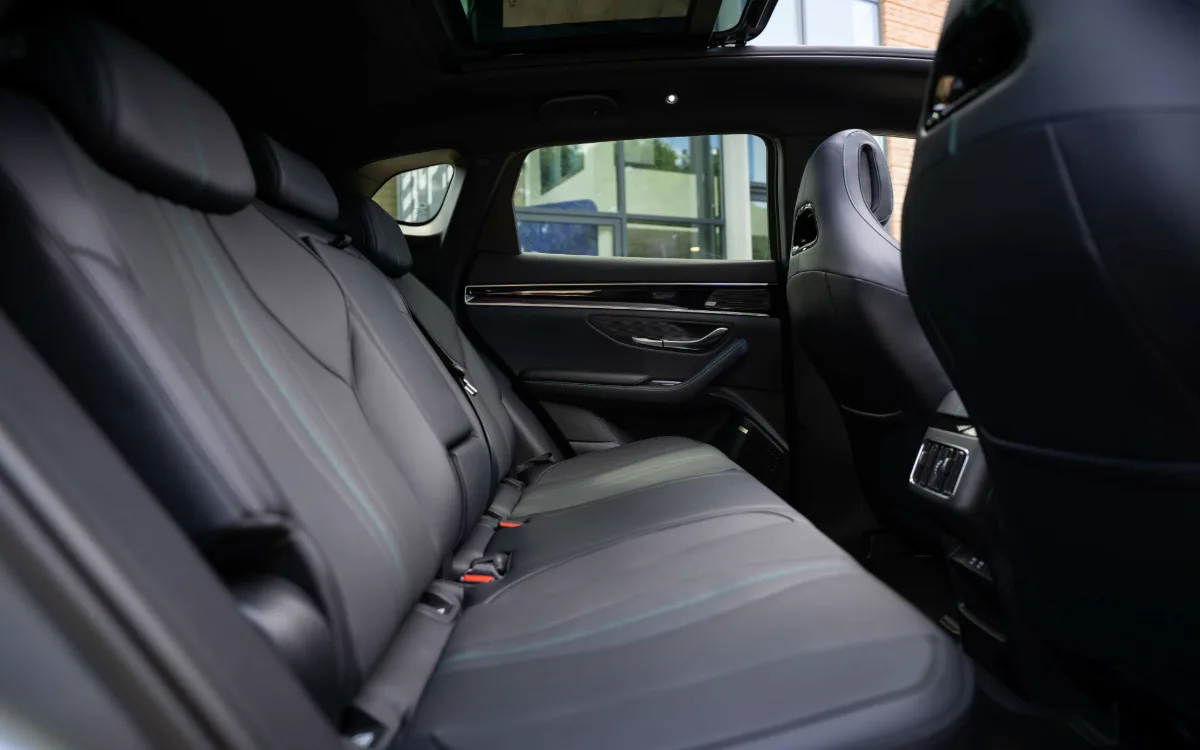 Rear passenger cabin of a Dog friendly BYD with black leather seats, ample legroom, and a panoramic glass roof letting in natural light.